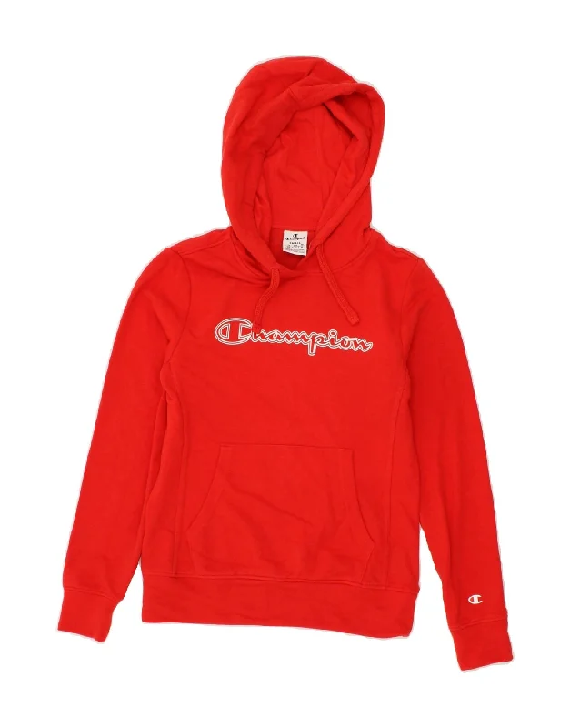 CHAMPION Womens Graphic Hoodie Jumper UK 10 Small Red Cotton Hoodie with Half-Zip Sporty Casual