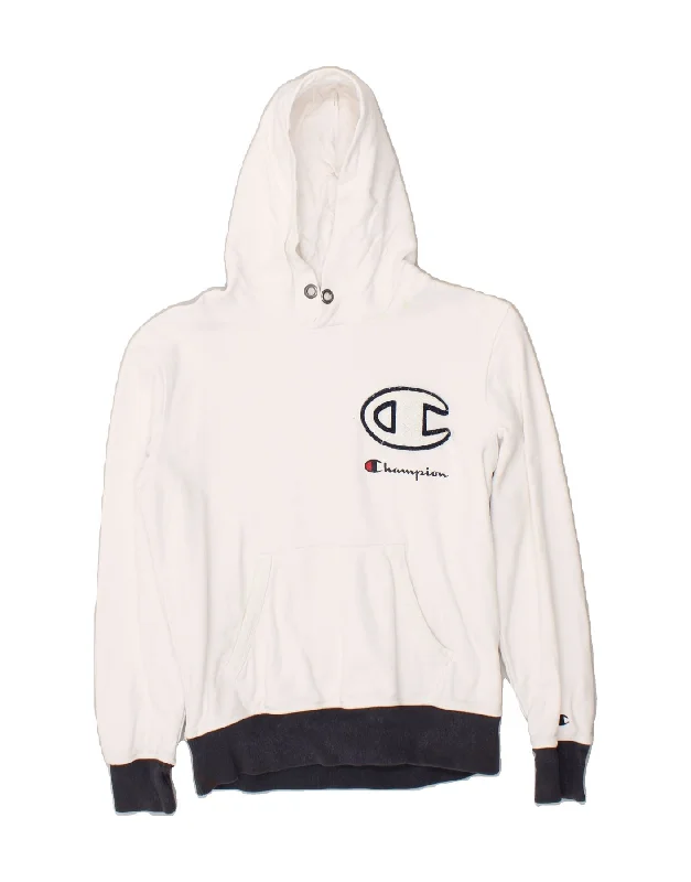 CHAMPION Womens Graphic Hoodie Jumper UK 10 Small White Cotton Hoodie with V-Neck Classic Versatile