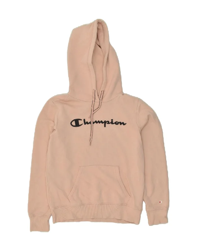 CHAMPION Womens Graphic Hoodie Jumper UK 14 Medium Pink Cotton Hoodie with Elastic Waist Stretchable Comfortable