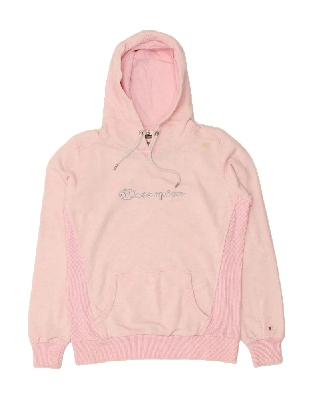 CHAMPION Womens Graphic Hoodie Jumper UK 16 Large Pink Colourblock Cotton Hoodie with Belted Waist Structured Tailored