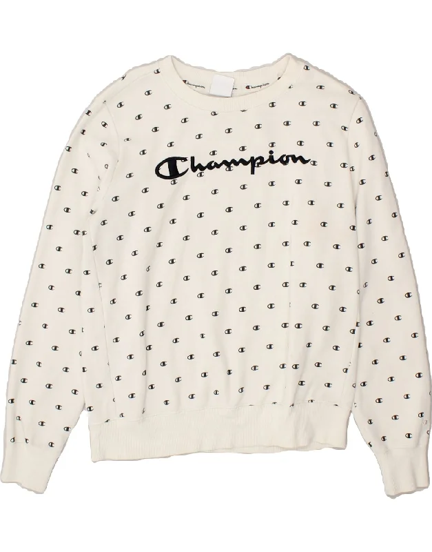 CHAMPION Womens Graphic Sweatshirt Jumper UK 16 Large White Cotton Logo Hoodie with Raglan Sleeves Sporty Comfortable