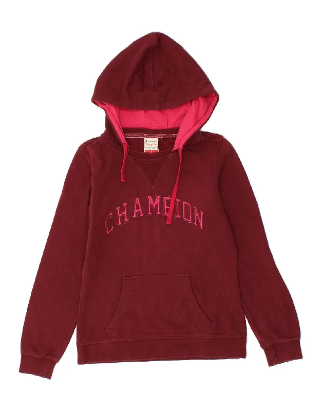 CHAMPION Womens Heritage Fit Graphic Hoodie Jumper UK 10 Small Maroon Hoodie with Logo Branding Identity