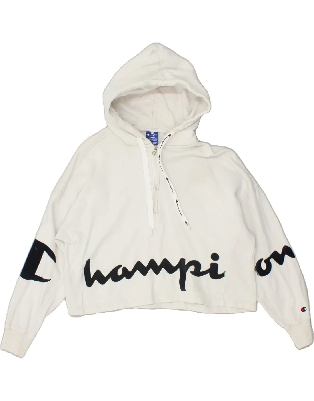 CHAMPION Womens Oversized Crop Graphic Hoodie Jumper UK 10 Small White Hoodie with High Neck Warm Protective