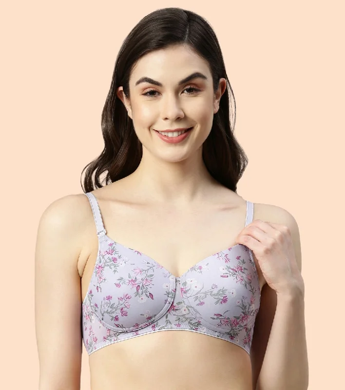 Enamor Dope Dye F165 Ecolite Fabric Smooth Support Bra for Women - Padded, Wirefree and High Coverage - Dainty Petal Print Soft Cup Bralette