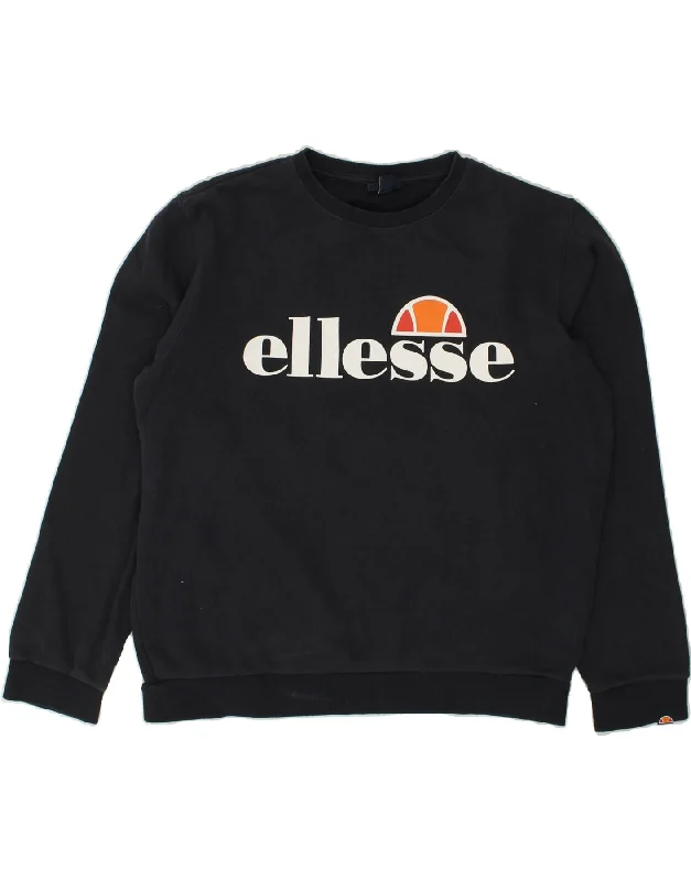 ELLESSE Womens Graphic Sweatshirt Jumper UK 14 Large Navy Blue Cotton Hoodie with Typography Text Message