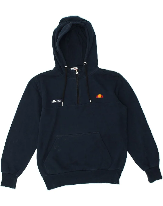 ELLESSE Womens Graphic Zip Neck Hoodie Jumper UK 14 Medium Navy Blue Hoodie with Frayed Bohemian Relaxed