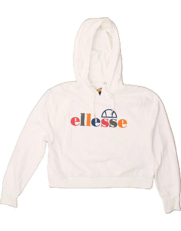 ELLESSE Womens Oversized Crop Graphic Hoodie Jumper UK 8 Small White Hoodie with Snap Buttons Easy Quick