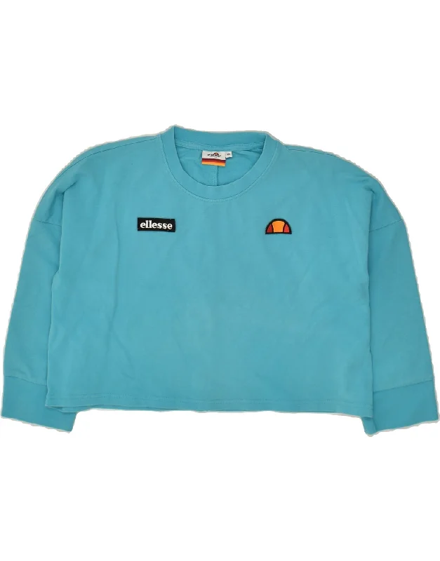 ELLESSE Womens Oversized Crop Graphic Sweatshirt Jumper UK 6 XS Blue Hoodie with Front Slit Layering Stylish