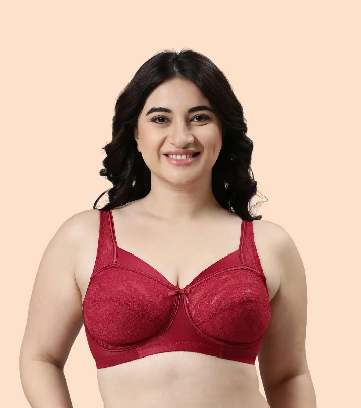 Enamor Full Support Classic Lace Lift Bra For Women - Non-Padded, Non-Wired, High Coverage Bra With Top Panel Support | FB06 | Masai Full Coverage Bra