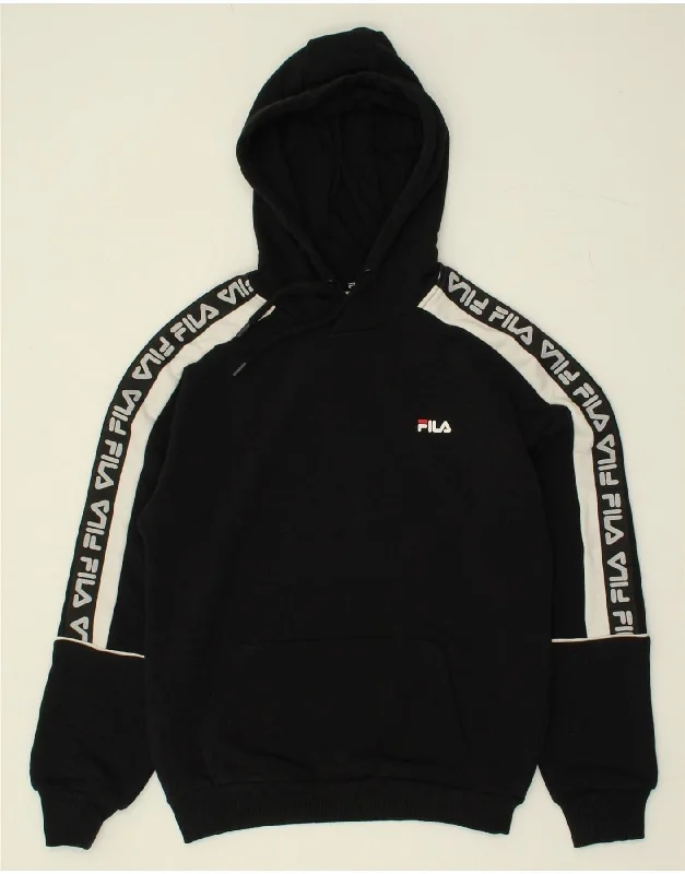 FILA Womens Graphic Hoodie Jumper UK 6 XS Black Colourblock Hoodie with Contrast Stitching Detailed Premium