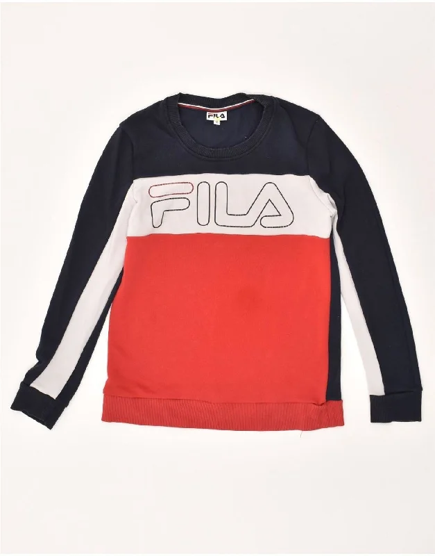 FILA Womens Graphic Sweatshirt Jumper EU 36 Small Red Colourblock Cotton Hoodie with Pattern Geometric Abstract