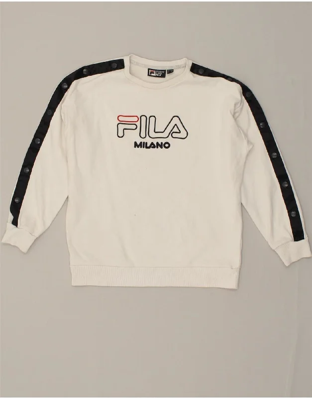 FILA Womens Graphic Sweatshirt Jumper UK 8 Small  White Cotton Hoodie with Hem Frayed Vintage Worn