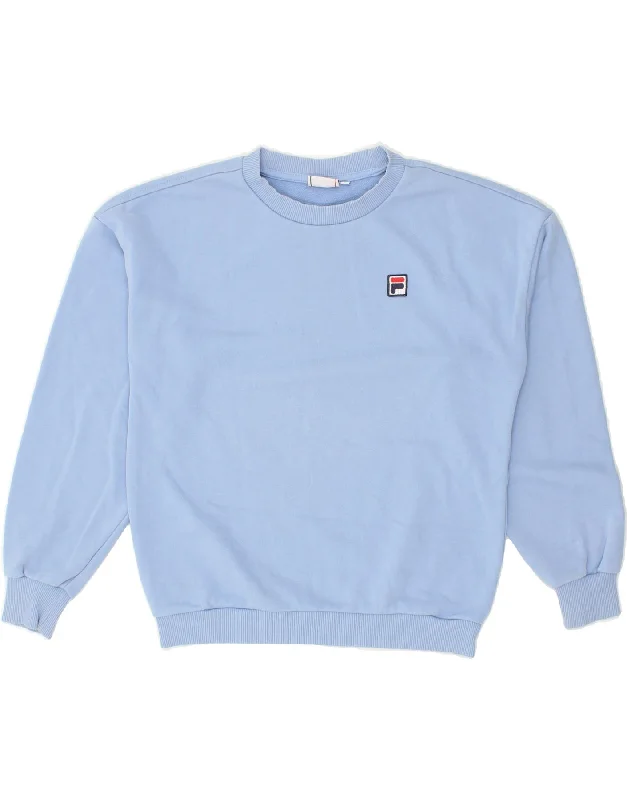 FILA Womens Sweatshirt Jumper UK 8 Small Blue Cotton Hoodie with Drop Shoulder Relaxed Streetwear