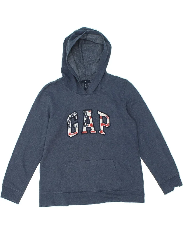 GAP Womens Graphic Hoodie Jumper UK 16 Large Navy Blue Cotton Hoodie with Hem Frayed Vintage Worn