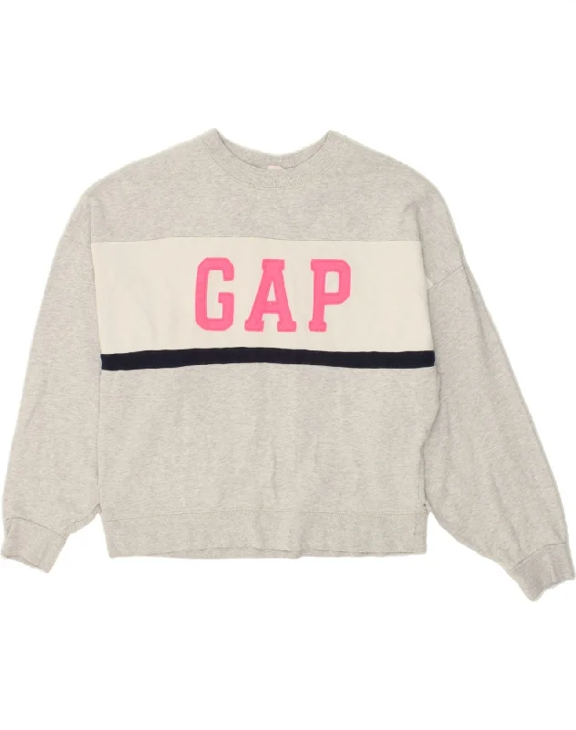 GAP Womens Graphic Sweatshirt Jumper UK 10 Small Grey Colourblock Cotton Hoodie with Button Placket Classic Preppy