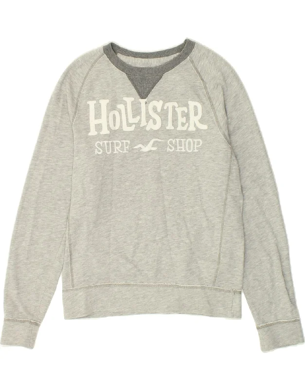 HOLLISTER Womens Graphic Sweatshirt Jumper UK 14 Medium Grey Flecked Hoodie with Pocket Utility Practical