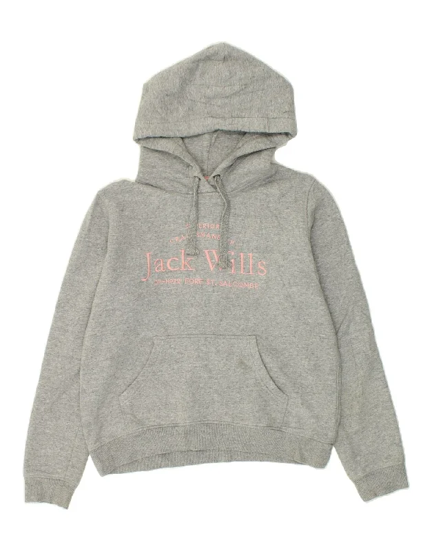 JACK WILLS Womens Graphic Hoodie Jumper UK 10 Small Grey Flecked Cotton Hoodie with Embroidery Detailed Premium