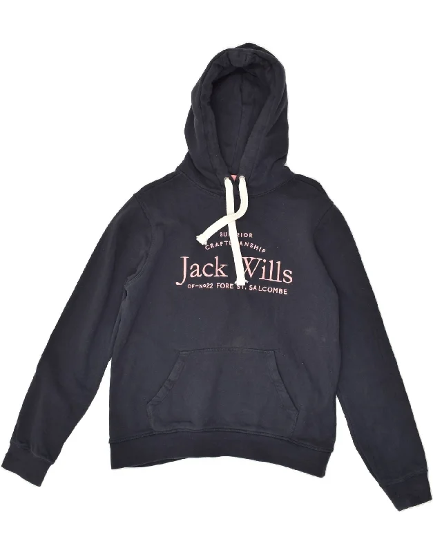 JACK WILLS Womens Graphic Hoodie Jumper UK 12 Medium  Navy Blue Cotton Hoodie with Logo Branding Identity