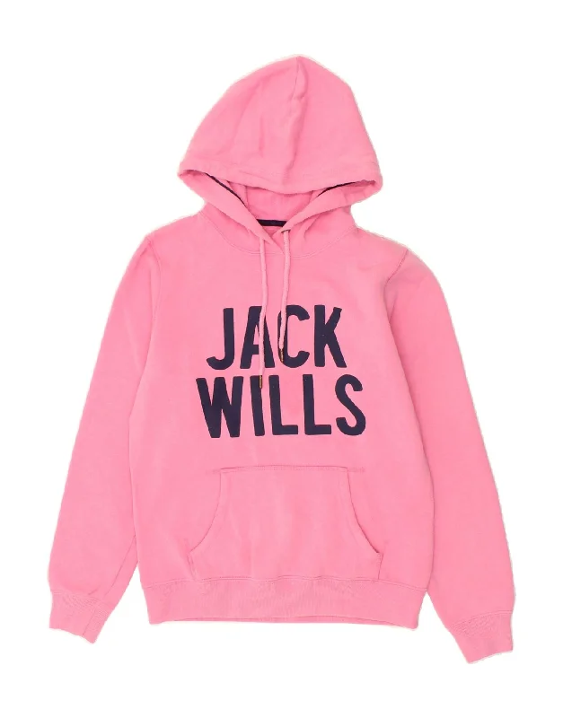 JACK WILLS Womens Graphic Hoodie Jumper UK 12 Medium Pink Cotton Hoodie with Ribbed Hem Stretchable Secure