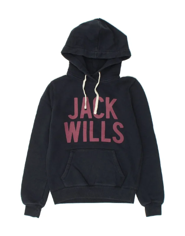 JACK WILLS Womens Graphic Hoodie Jumper UK 6 XS Navy Blue Cotton Hoodie Crop Top Short Trendy