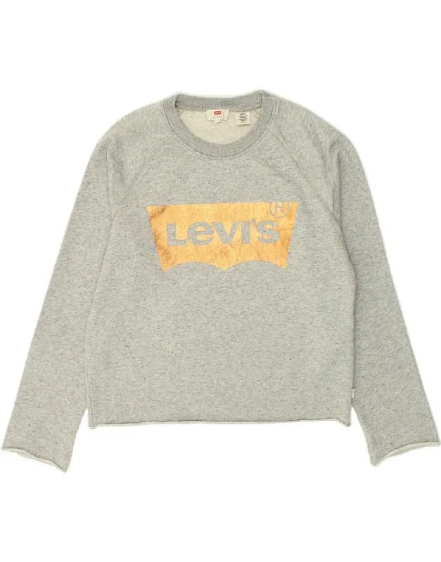 LEVI'S Womens Crop Graphic Sweatshirt Jumper UK 10 Small Grey Cotton Hoodie with Fur Luxurious Winter