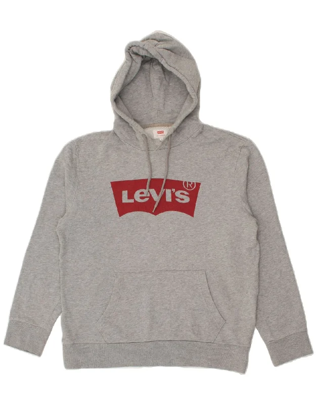 LEVI'S Womens Graphic Hoodie Jumper UK 14 Medium Grey Cotton Hoodie with Thumb Holes Functional Cozy