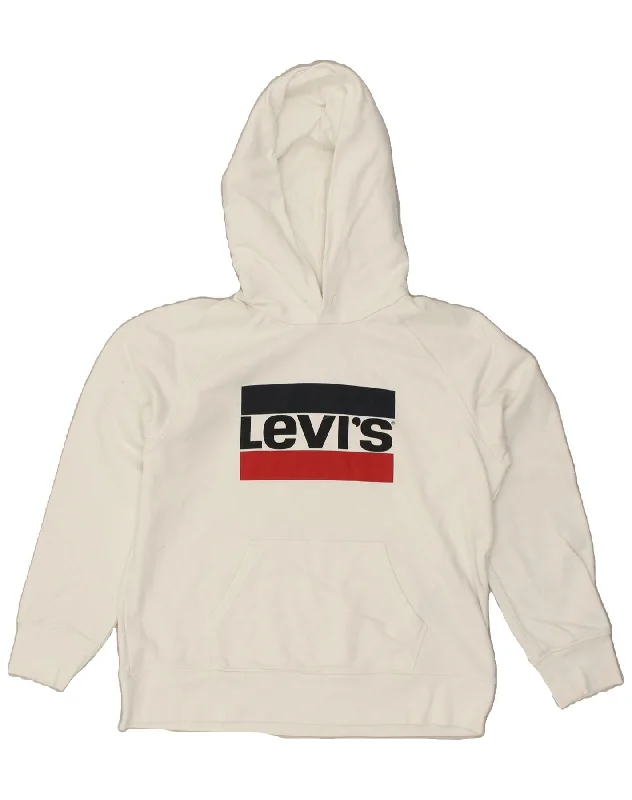 LEVI'S Womens Graphic Hoodie Jumper UK 14 Medium White Cotton Cotton Hoodie Fleece Lining Warmth