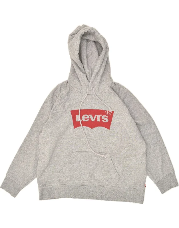 LEVI'S Womens Graphic Hoodie Jumper UK 16 Large Grey Cotton Hoodie with Strings Custom Fit Adjustable