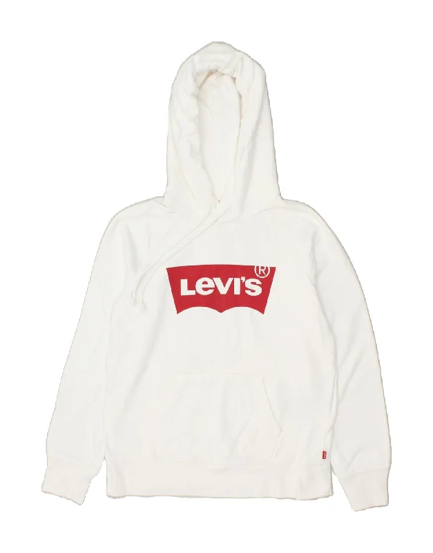 LEVI'S Womens Graphic Hoodie Jumper UK 6 XS White Cotton Hoodie with Back Slit Movement Comfort