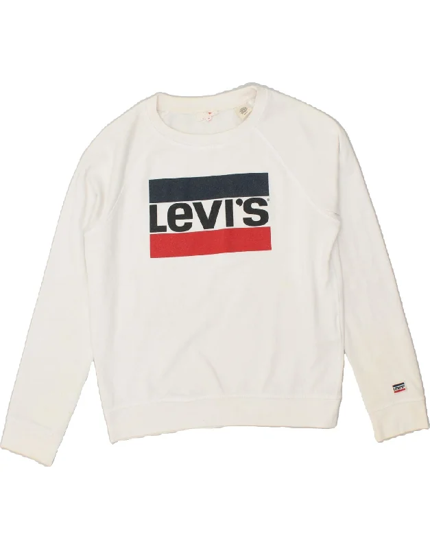 LEVI'S Womens Graphic Sweatshirt Jumper UK 10 Small White Cotton Hoodie with Longline Fit Extended Stylish