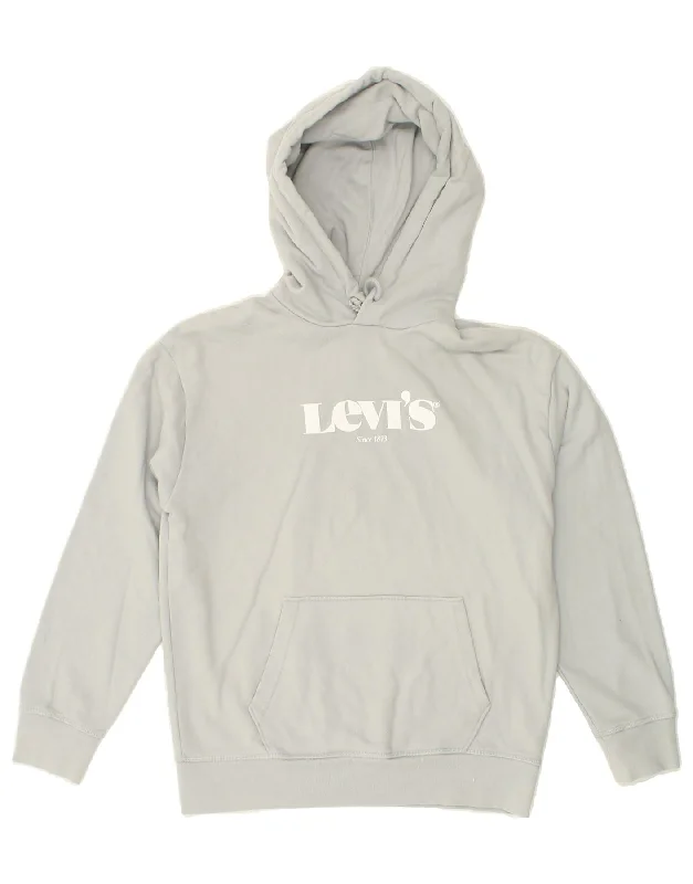 LEVI'S Womens Loose Fit Graphic Hoodie Jumper UK 10 Small Grey Cotton Hoodie with Color Block Contrast Stylish