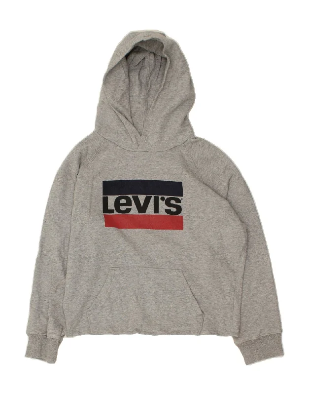 LEVI'S Womens Loose Fit Graphic Hoodie Jumper UK 16 Large Grey Hoodie with Hem Elastic Stretchable Comfortable