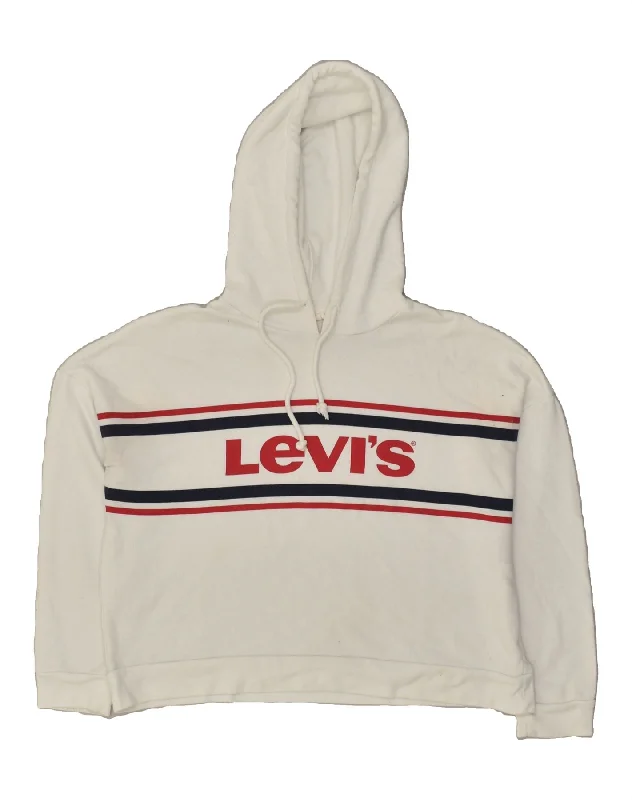 LEVI'S Womens Oversized Crop Graphic Hoodie Jumper UK 6 XS White Hoodie with Reflective Safety Nightwear