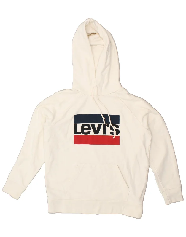 LEVI'S Womens Oversized Graphic Hoodie Jumper UK 10 Small Off White Cotton Hoodie with Hem Frayed Vintage Worn