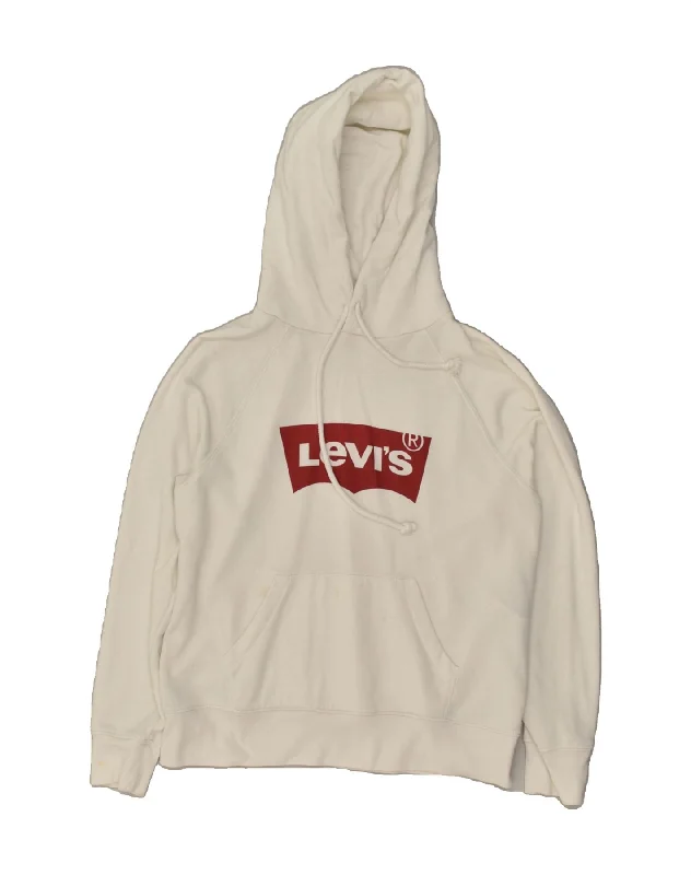 LEVI'S Womens Oversized Graphic Hoodie Jumper UK 10 Small White Cotton Hoodie with Rhinestones Sparkly Elegant