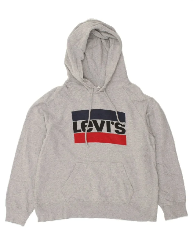 LEVI'S Womens Oversized Graphic Hoodie Jumper UK 14 Medium Grey Cotton Hoodie with Ribbed Cuffs Snug Fit Comfort