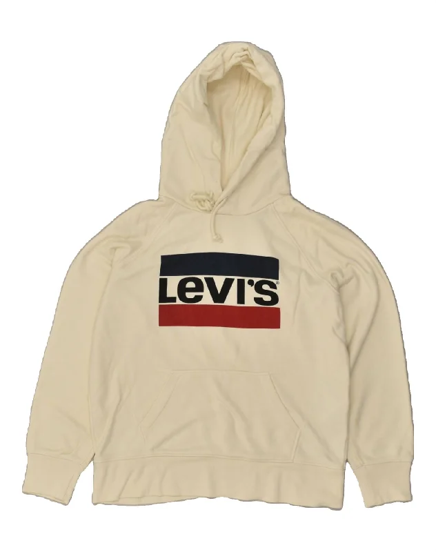 LEVI'S Womens Oversized Graphic Hoodie Jumper UK 6 XS Off White Cotton Hoodie with Button Classic Timeless