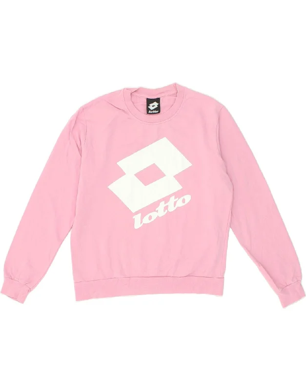 LOTTO Womens Oversized Graphic Sweatshirt Jumper UK 10 Small Pink Cotton Zip Hoodie Drawstring Kangaroo Pocket