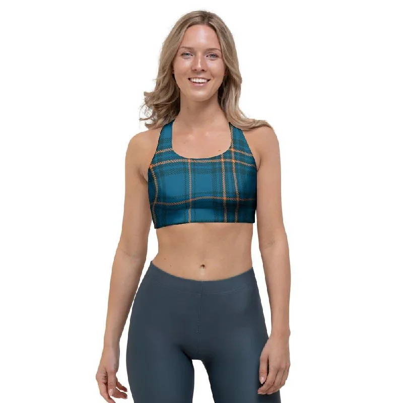 Navy Blue Plaid Tartan Sports Bra Comfortable Fit Bralette