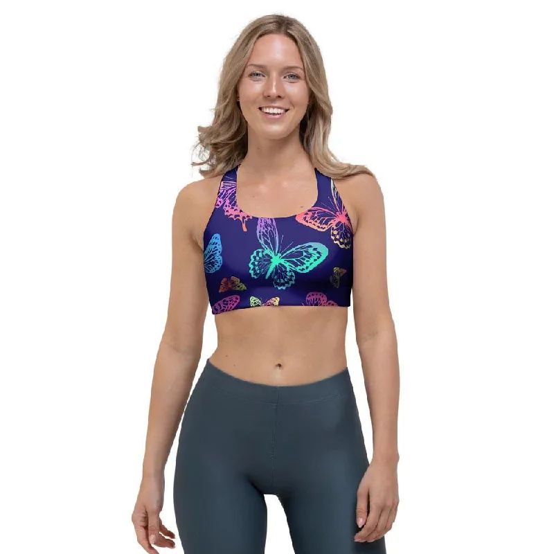 Neon Butterfly Print Sports Bra Supportive Cotton Bra