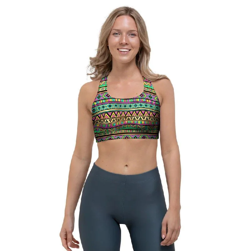 Neon Multicolor Ethic Aztec Aztec Grunge Geometric Print Sports Bra Comfort Fit Bralette