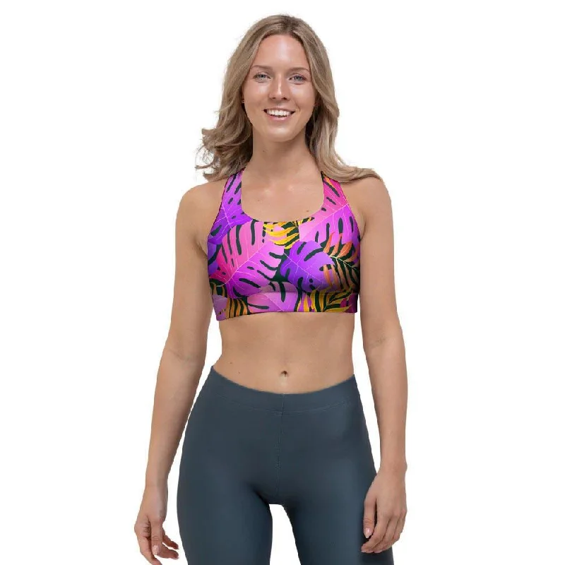 Neon Palm Leaf Edm Print Sports Bra Light Seamless Bra