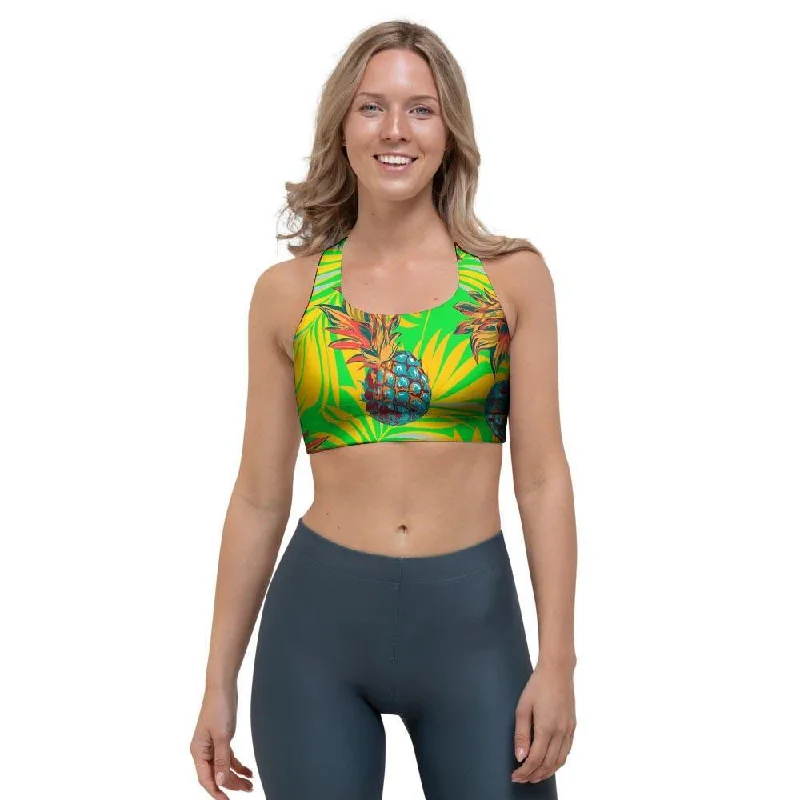 Neon Pineapple Hawaiian Print Sports Bra Soft Cup Bralette