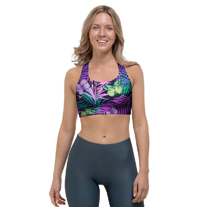 Neon Purple Tropical Palm Tree Butterfly Print Sports Bra Soft Padded Bralette