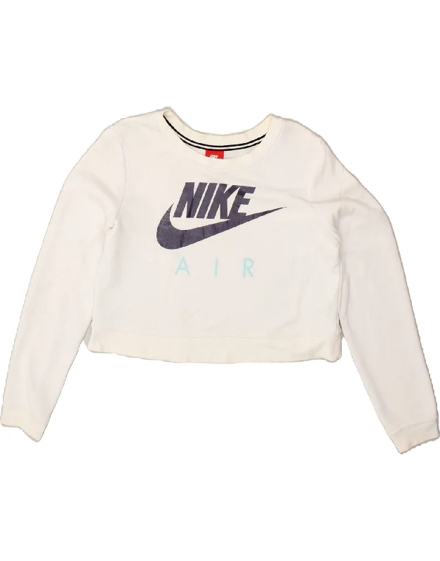 NIKE Womens Crop Graphic Sweatshirt Jumper UK 14 Medium White Cotton Hoodie with Magnetic Closure Innovative Modern