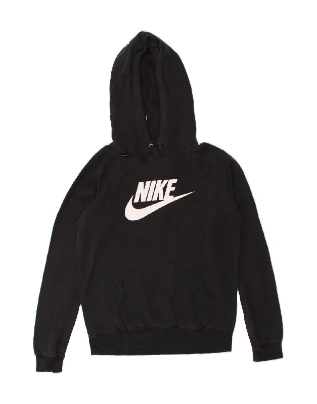 NIKE Womens Graphic Hoodie Jumper UK 10 Small Black Cotton Hoodie with Emblem Brand Identity