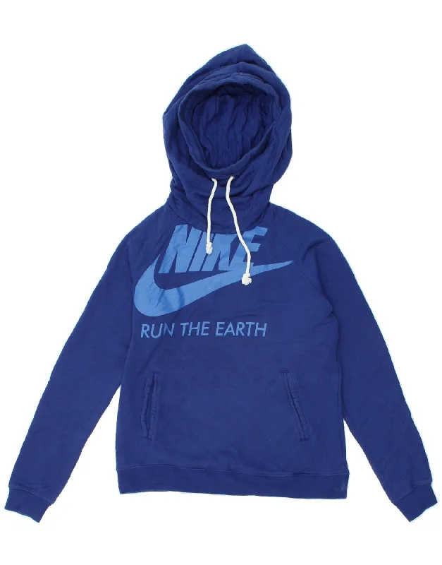 NIKE Womens Graphic Hoodie Jumper UK 14 Large Blue Hooded Sweatshirt Casual Wear Street Style