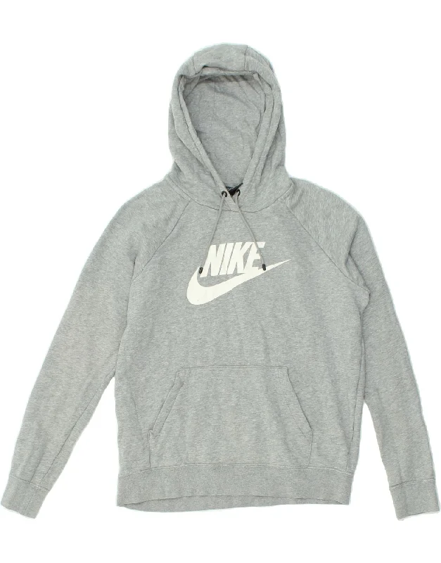 NIKE Womens Graphic Hoodie Jumper UK 14 Medium Grey Flecked Cotton Hoodie with Crew Neck Simple Timeless