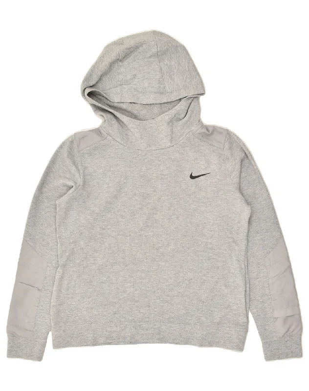 NIKE Womens Hoodie Jumper UK 14 Medium Grey Cotton Hoodie with Hem Applique Textured Unique