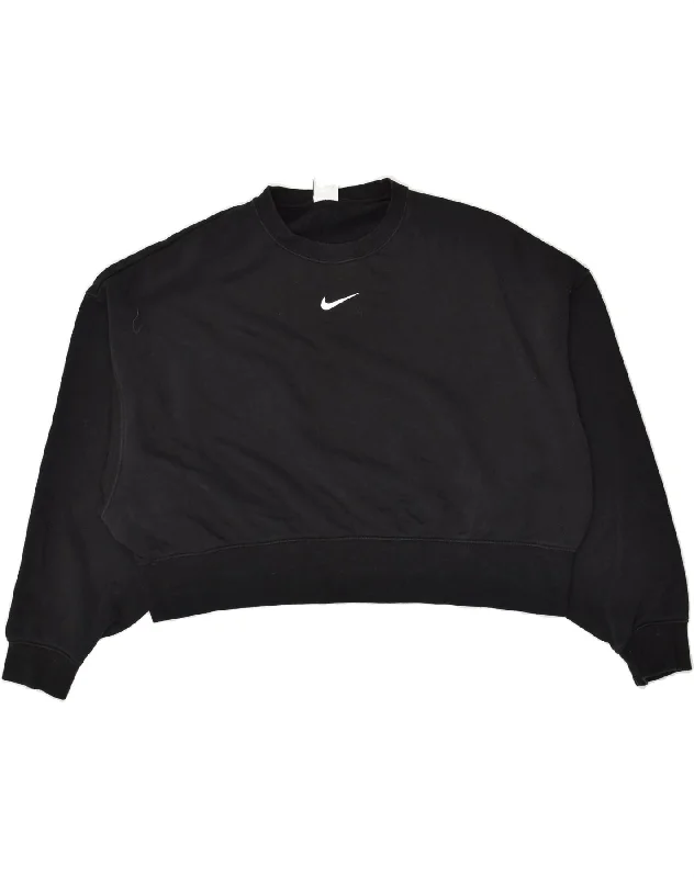 NIKE Womens Oversized Crop Sweatshirt Jumper UK 10 Small Black Hoodie with Velcro Closure Adjustable Secure